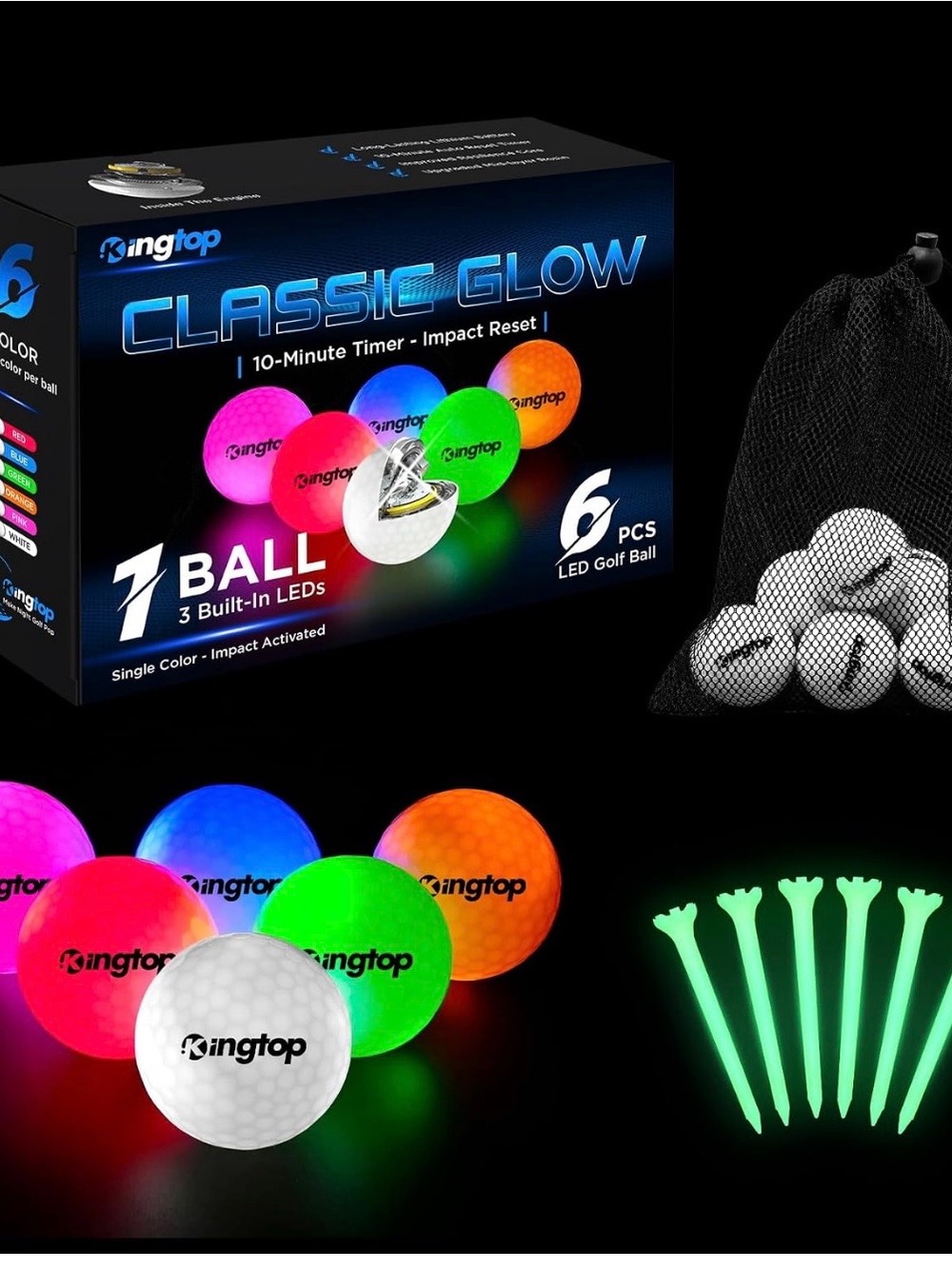 NIB KingTop Classic Glow LED Golf Balls. 6 Balls and Tees. Golfing. Night golf